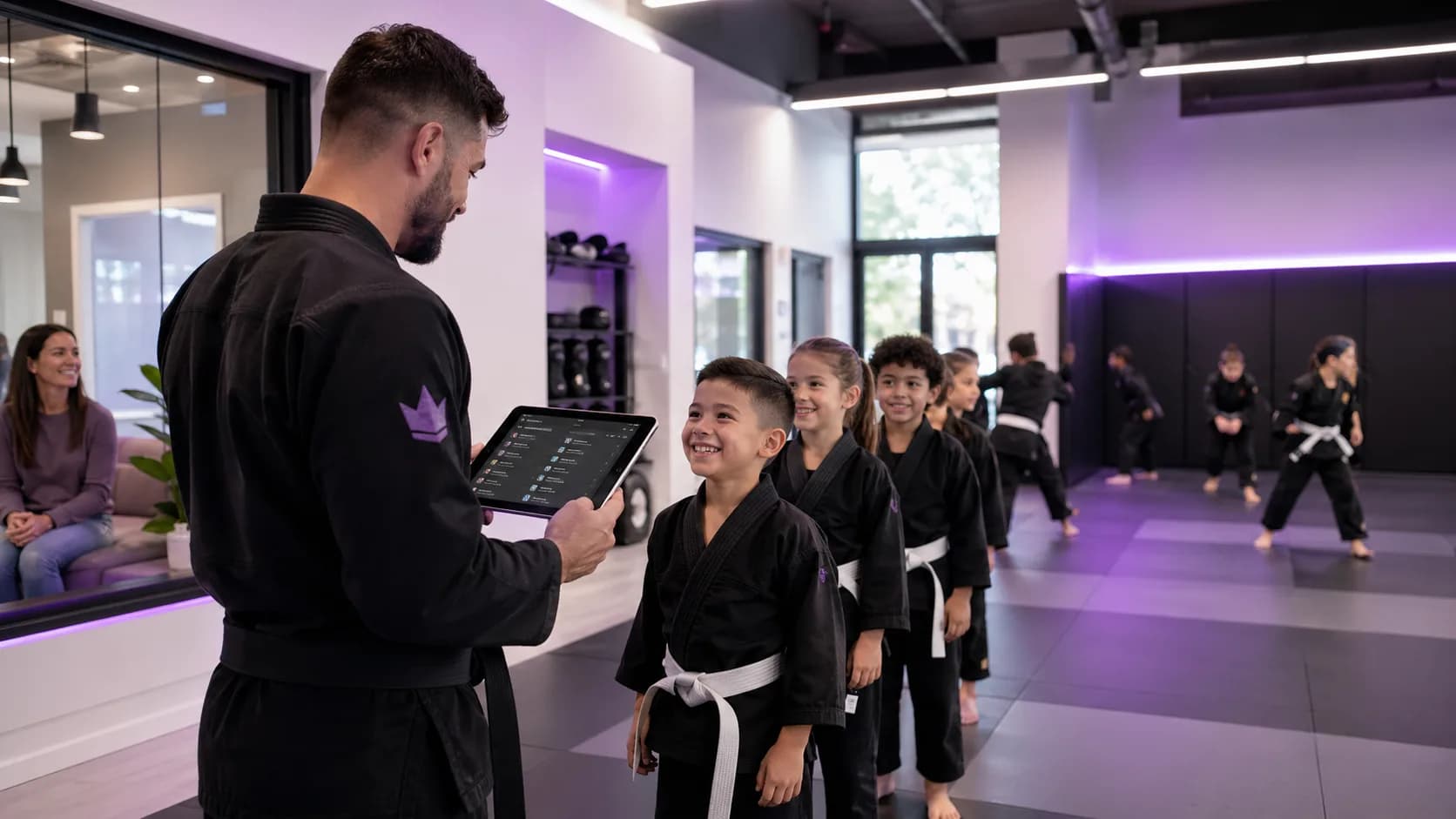 Coach using a tablet while children line up for martial arts class
